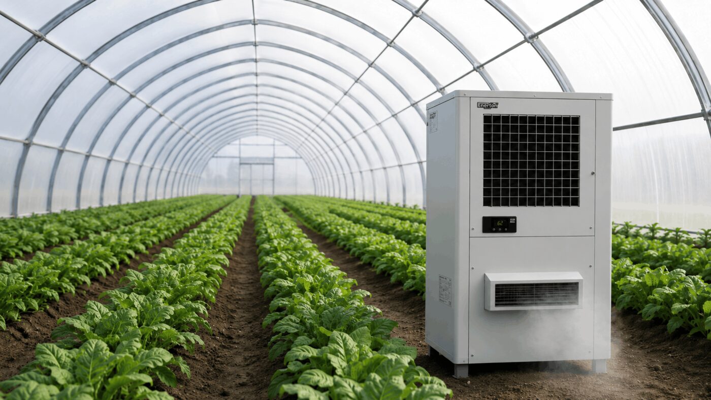 Déshumidificateur thermodynamique S.Plus SH-240 en serre maraîchère, allée de cultures basses